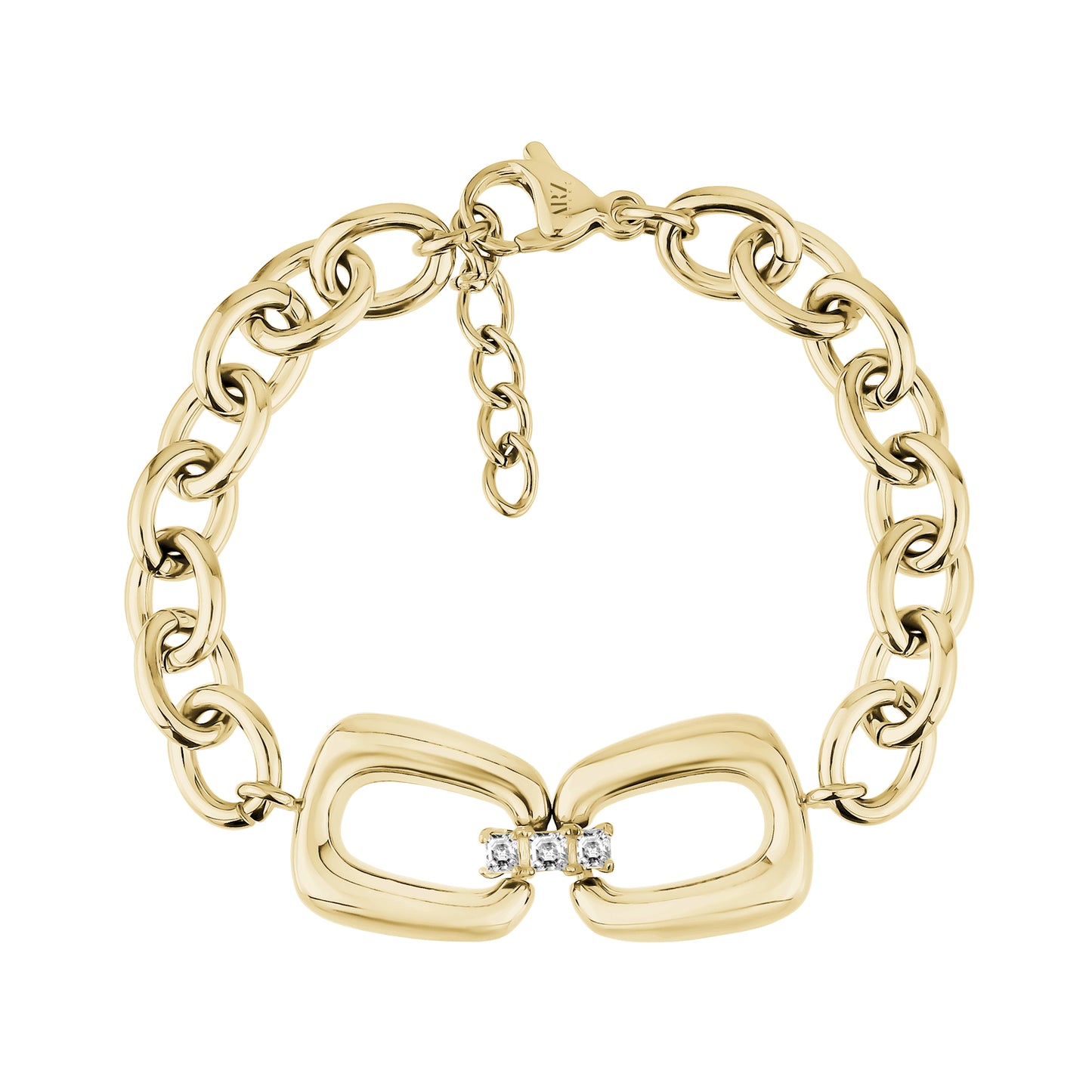 Gold stainless steel women's link bracelet with cubic zirconia stones at the center and adjustable chain clasp