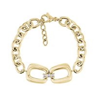 Gold stainless steel women's link bracelet with cubic zirconia stones at the center and adjustable chain clasp