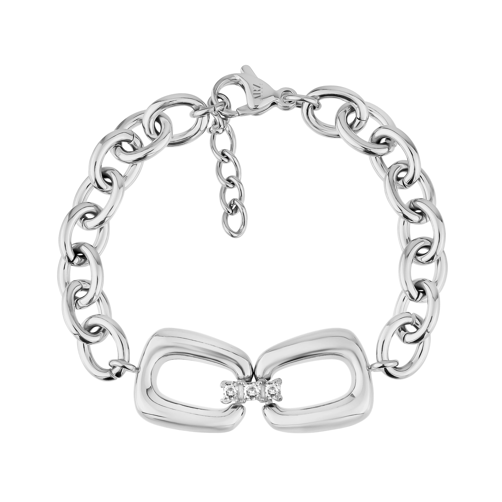 Silver stainless steel women's link bracelet with cubic zirconia stones at the center and adjustable chain clasp
