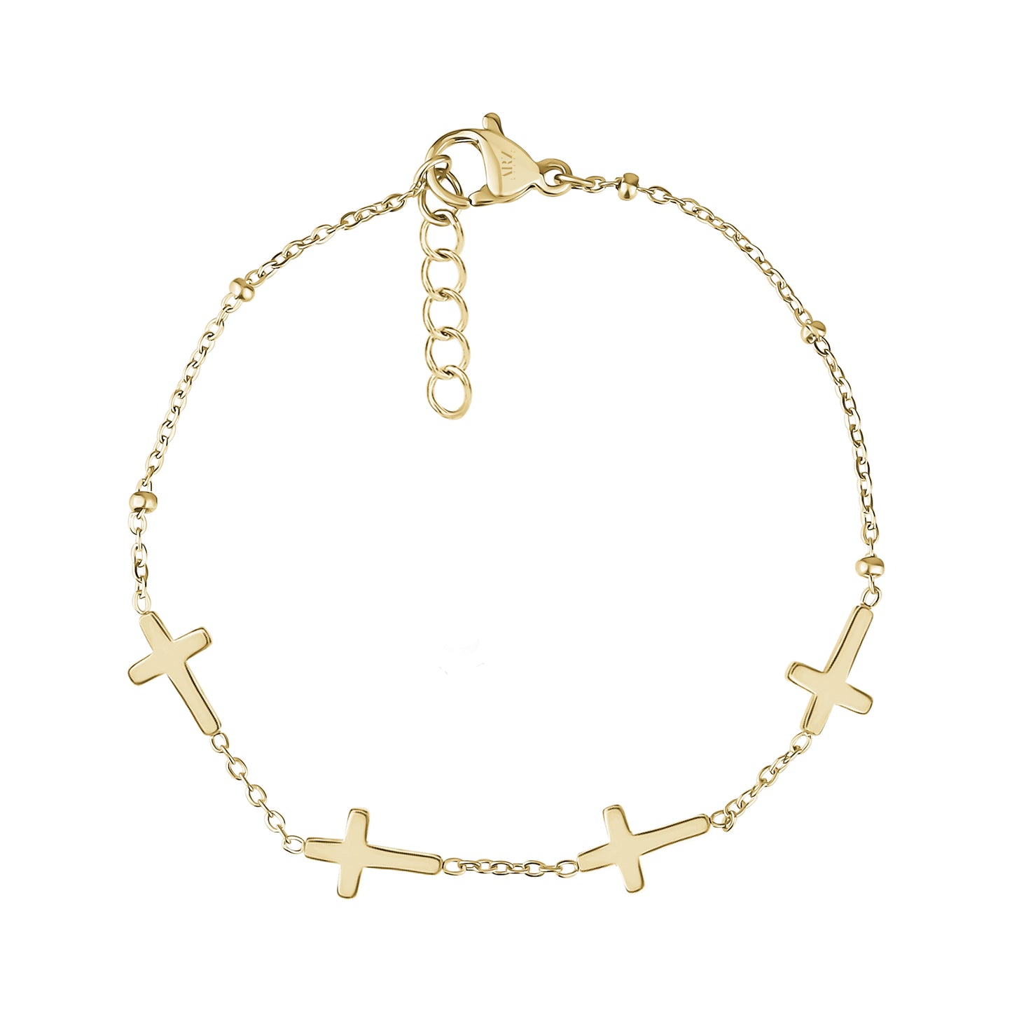 Dainty stainless steel cross bracelet in gold with five cross charms and adjustable chain