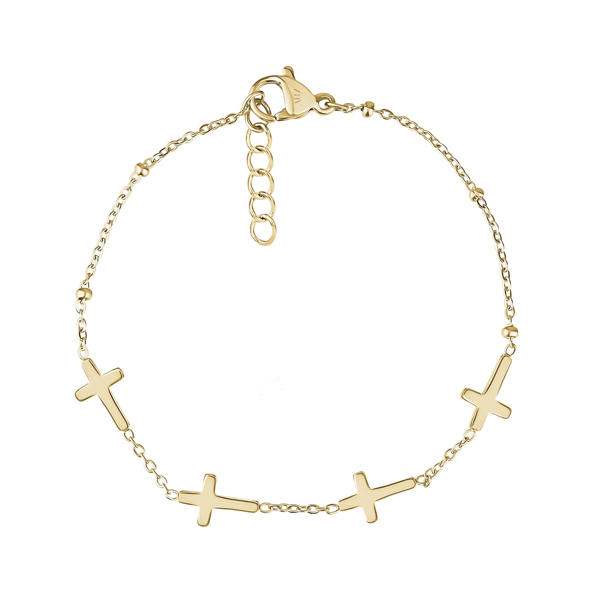 Dainty stainless steel cross bracelet in gold with five cross charms and adjustable chain