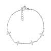 Dainty stainless steel cross bracelet in silver with five cross charms and adjustable chain