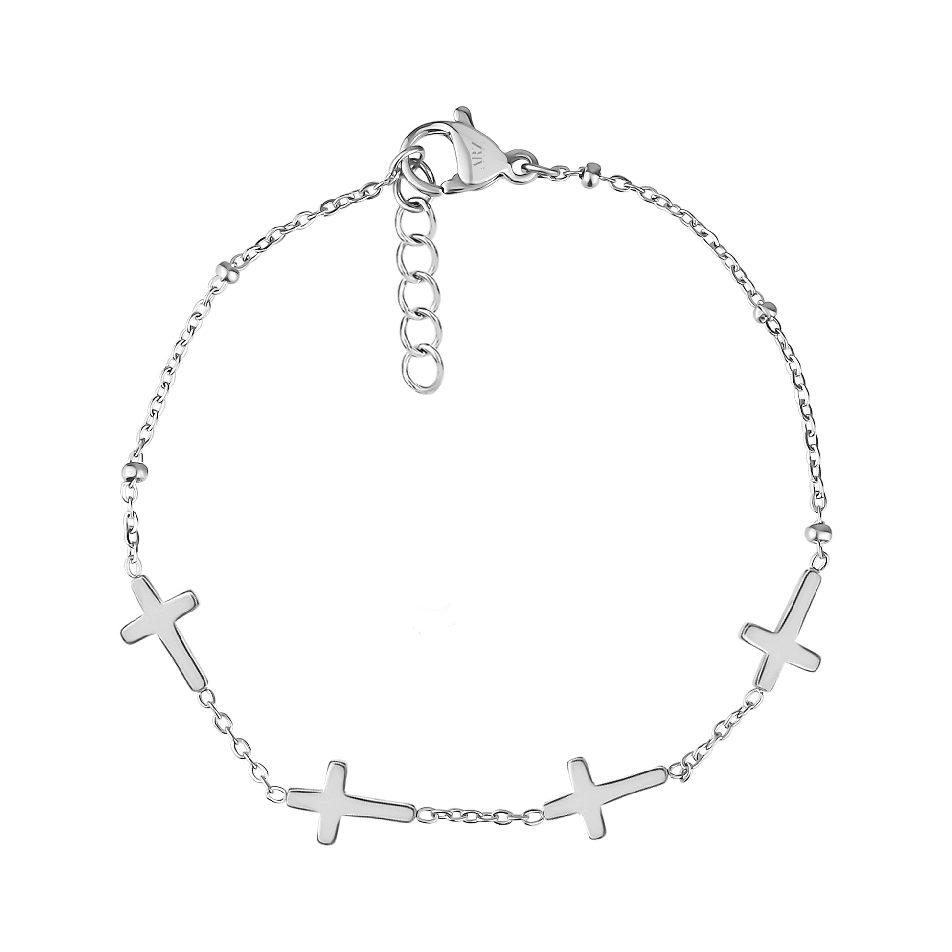 Dainty stainless steel cross bracelet in silver with five cross charms and adjustable chain
