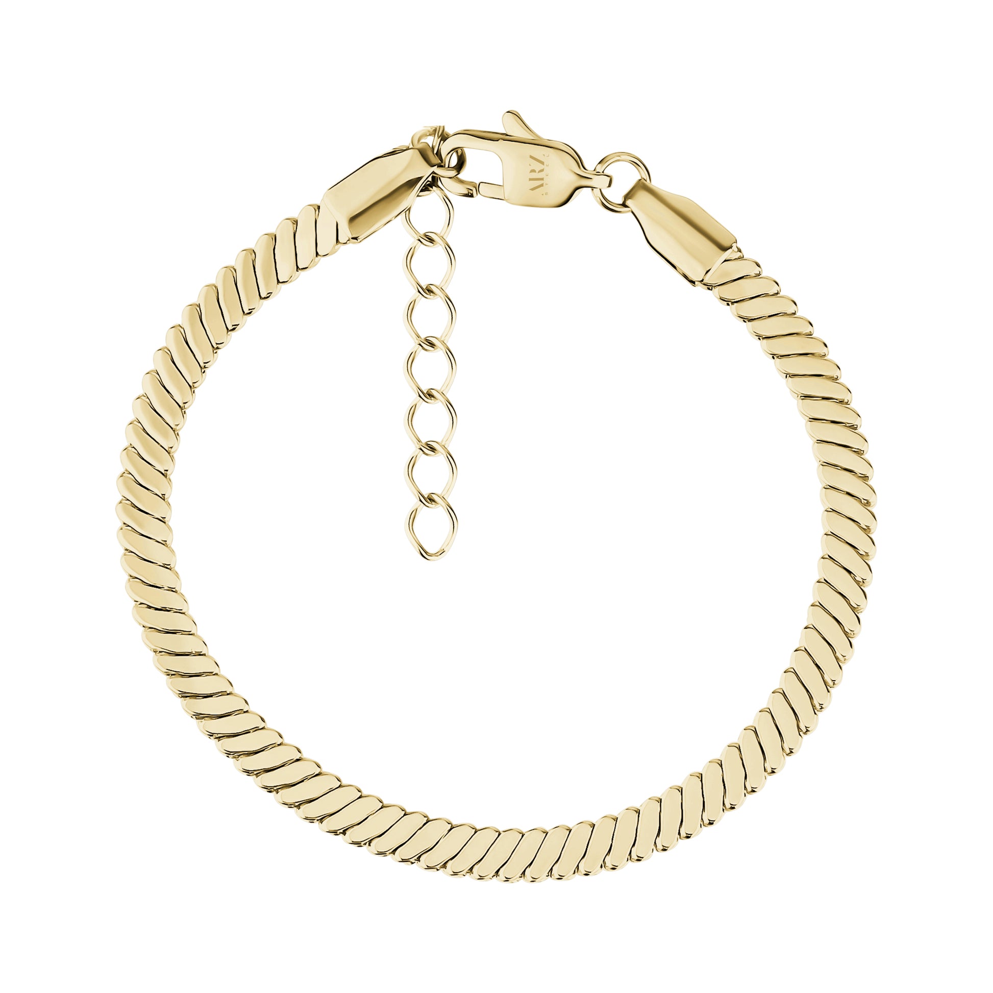 Elegant flat twist stainless steel bracelet in polished gold with lobster clasp and adjustable extension chain