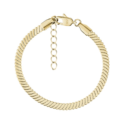 Elegant flat twist stainless steel bracelet in polished gold with lobster clasp and adjustable extension chain
