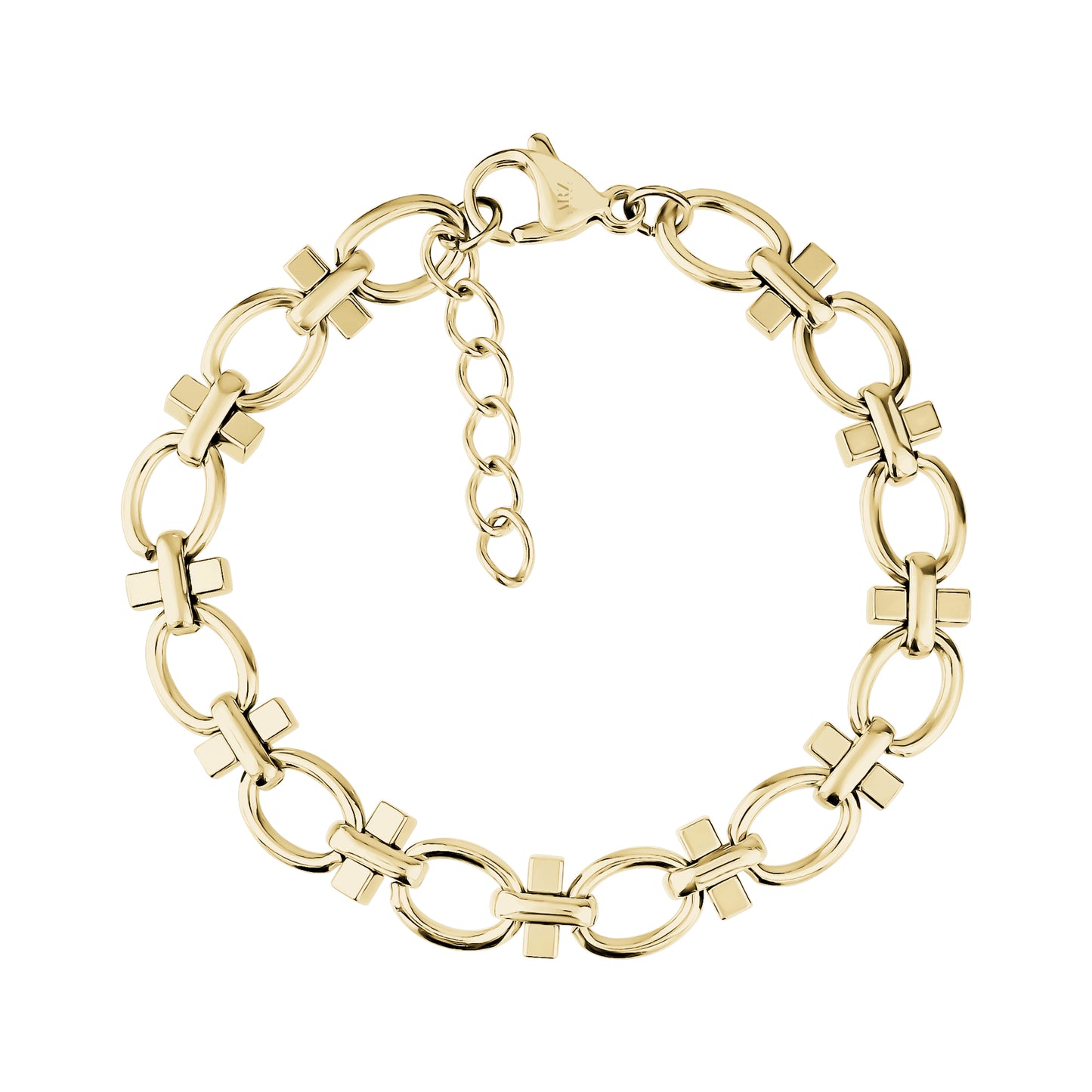 Gold structured link bracelet for women featuring oval and cross-shaped links with lobster clasp and chain extender
