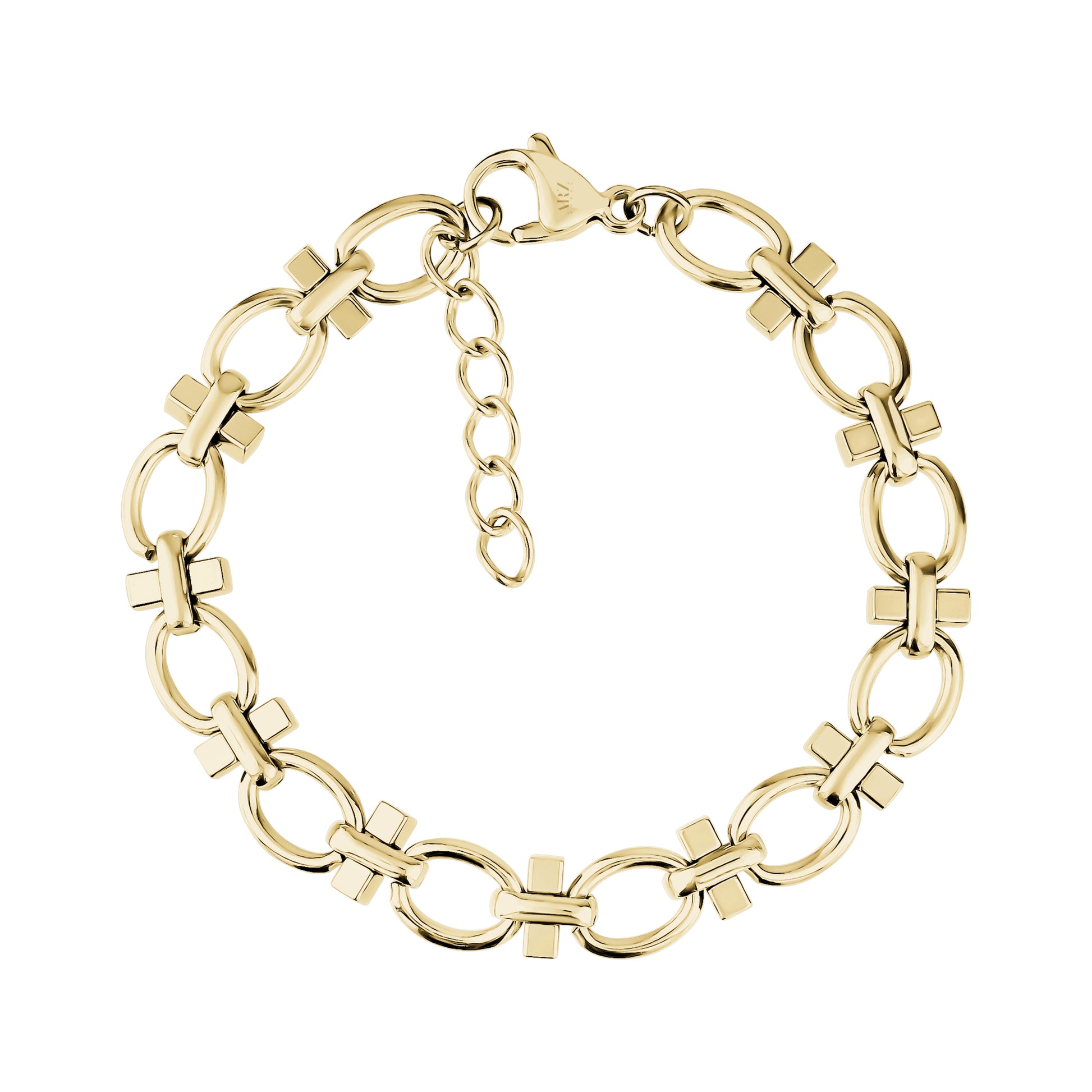 Gold structured link bracelet for women featuring oval and cross-shaped links with lobster clasp and chain extender