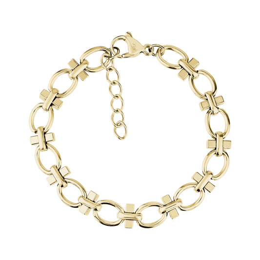 Gold structured link bracelet for women featuring oval and cross-shaped links with lobster clasp and chain extender