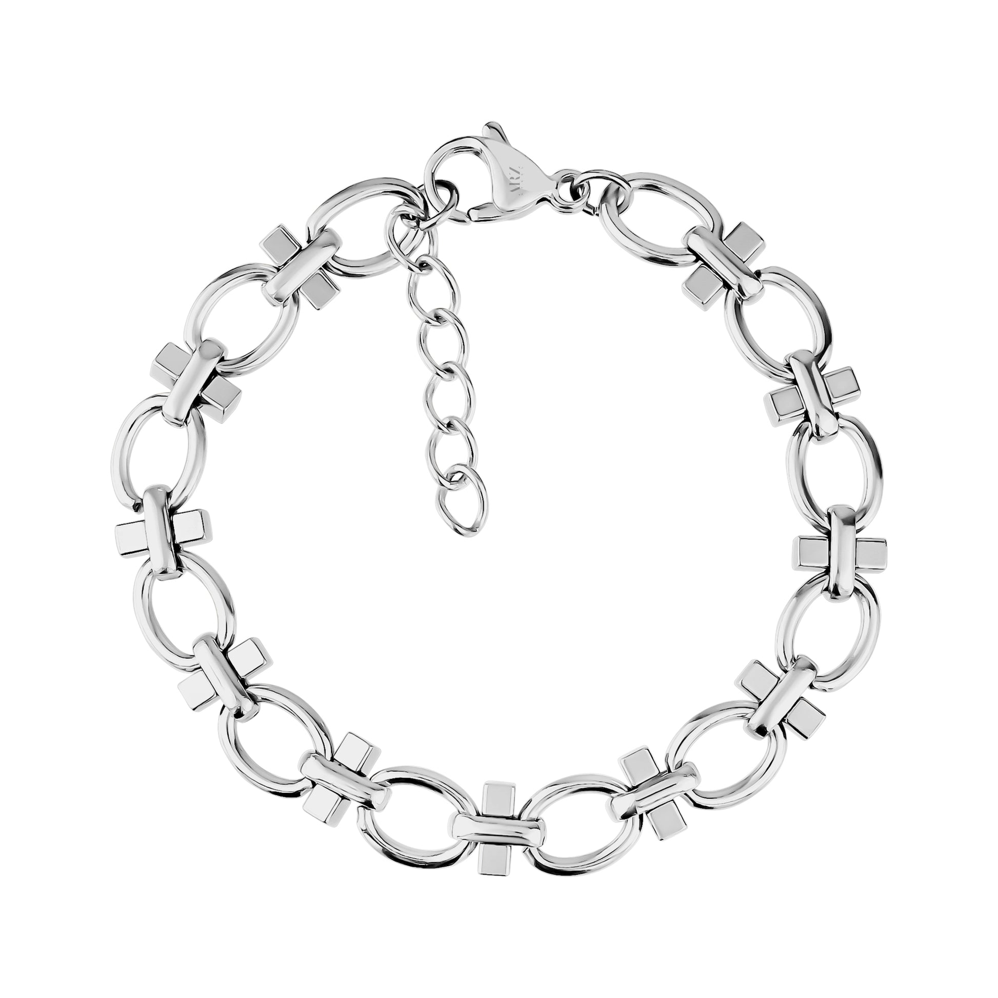 Silver structured link bracelet for women featuring oval and cross-shaped links with lobster clasp and chain extender