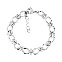 Silver structured link bracelet for women featuring oval and cross-shaped links with lobster clasp and chain extender