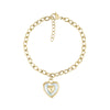 Gold stainless steel women's bracelet with textured heart-shaped mother of pearl charm on a 4mm link chain and adjustable clasp