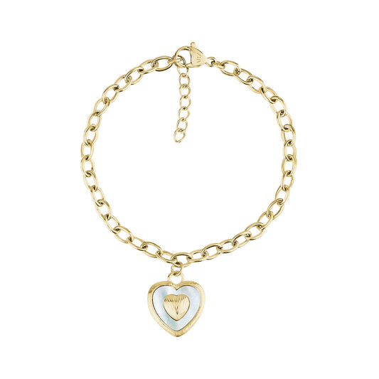 Gold stainless steel women's bracelet with textured heart-shaped mother of pearl charm on a 4mm link chain and adjustable clasp
