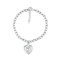 Silver stainless steel women's bracelet with textured heart-shaped mother of pearl charm on a 4mm link chain and adjustable clasp