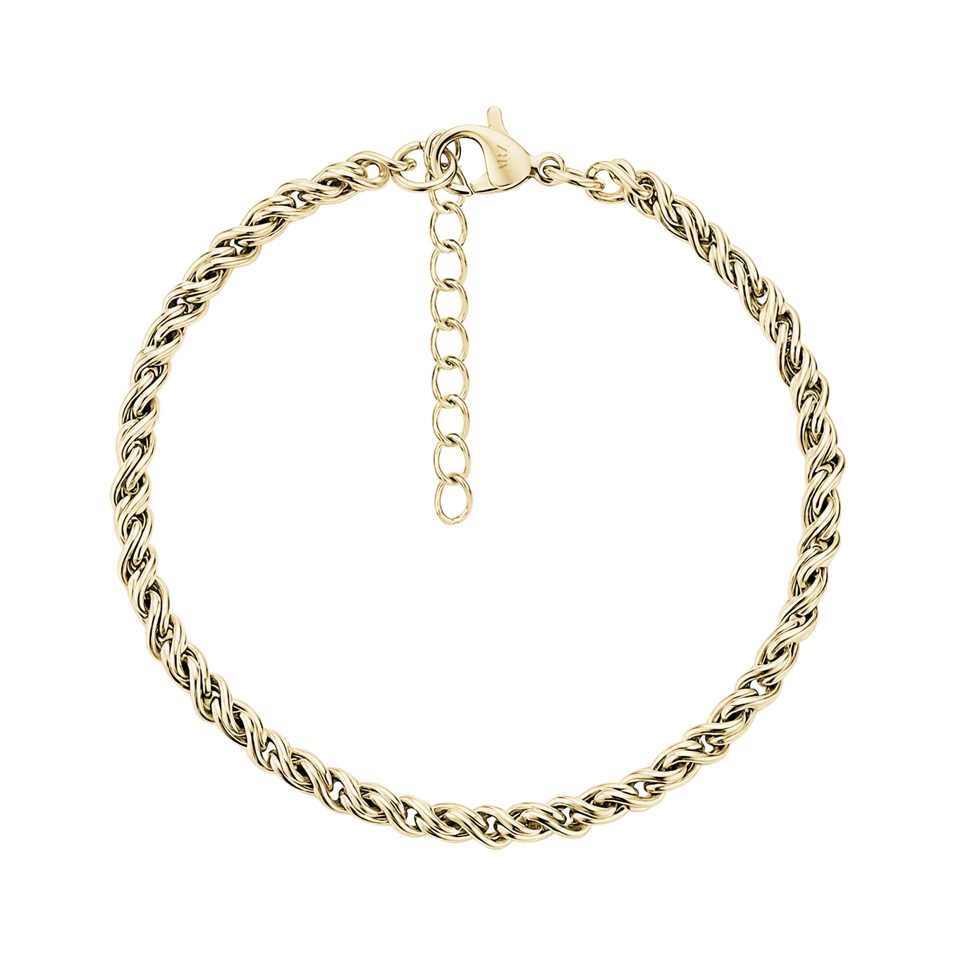 Gold stainless steel infinity twist bracelet with lobster clasp and adjustable chain extension