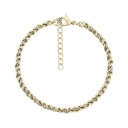 Gold stainless steel infinity twist bracelet with lobster clasp and adjustable chain extension
