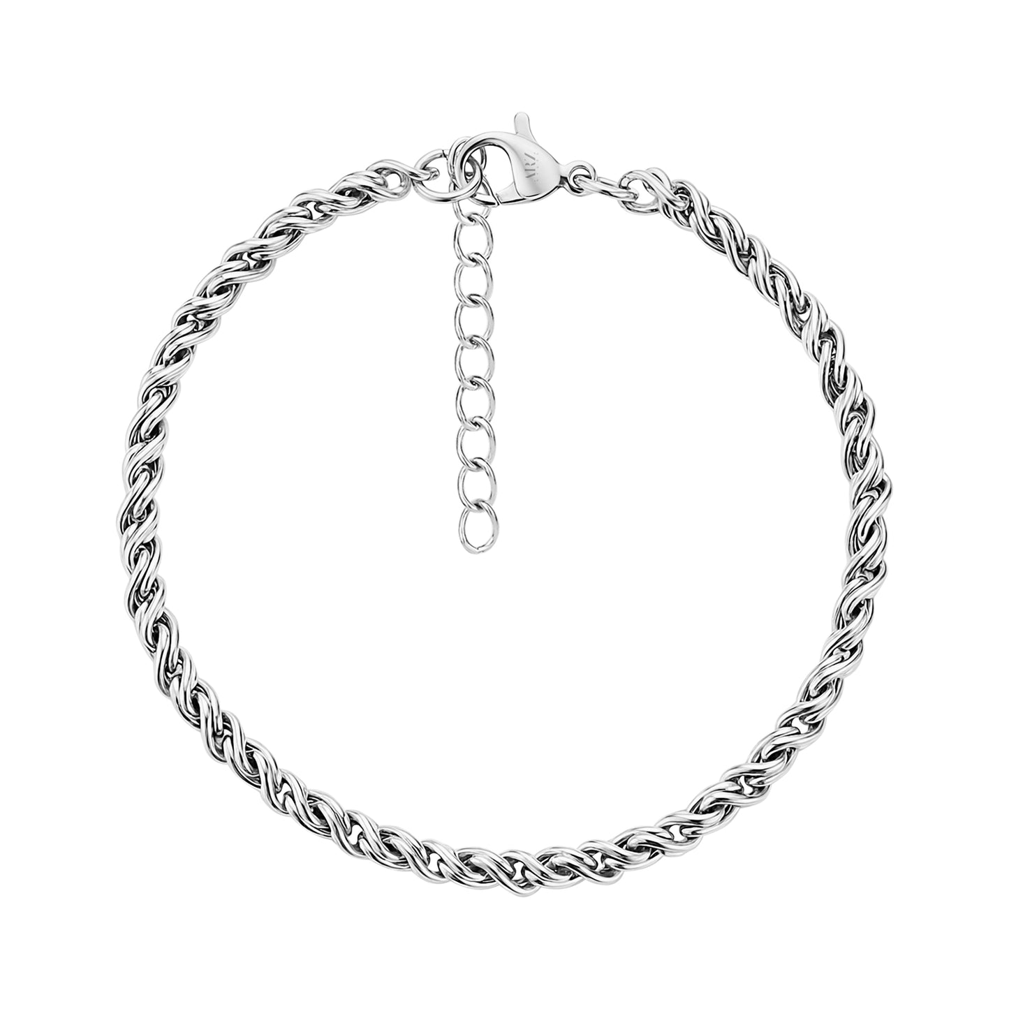 Silver stainless steel infinity twist bracelet with lobster clasp and adjustable chain extension