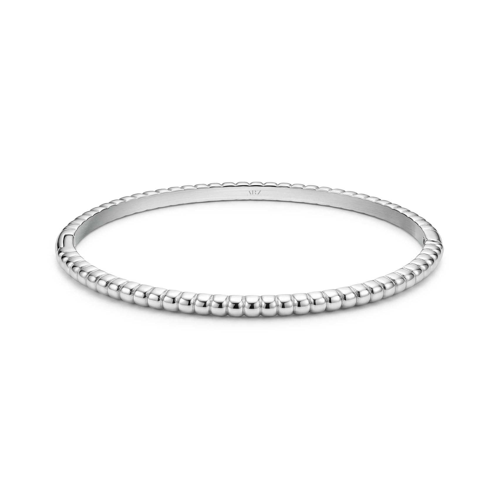Silver tone women's bubble edge bangle bracelet with smooth rounded bubble details around edges on white background