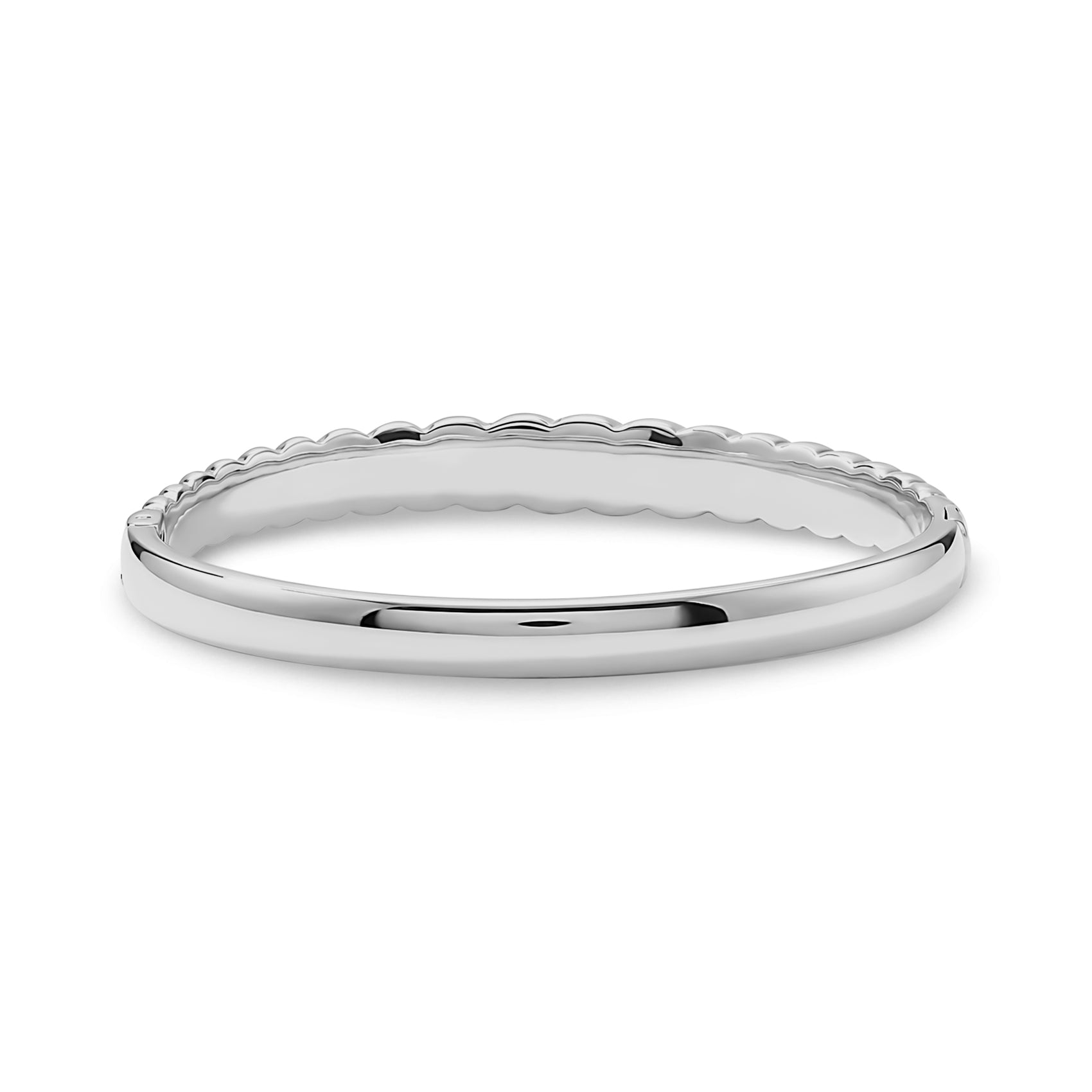 Side view of silver stainless steel classic croissant bangle showcasing smooth inner and textured outer design