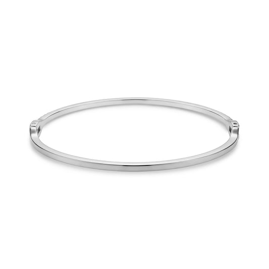 Back view of silver stainless steel bangle showing smooth polished finish and clasp