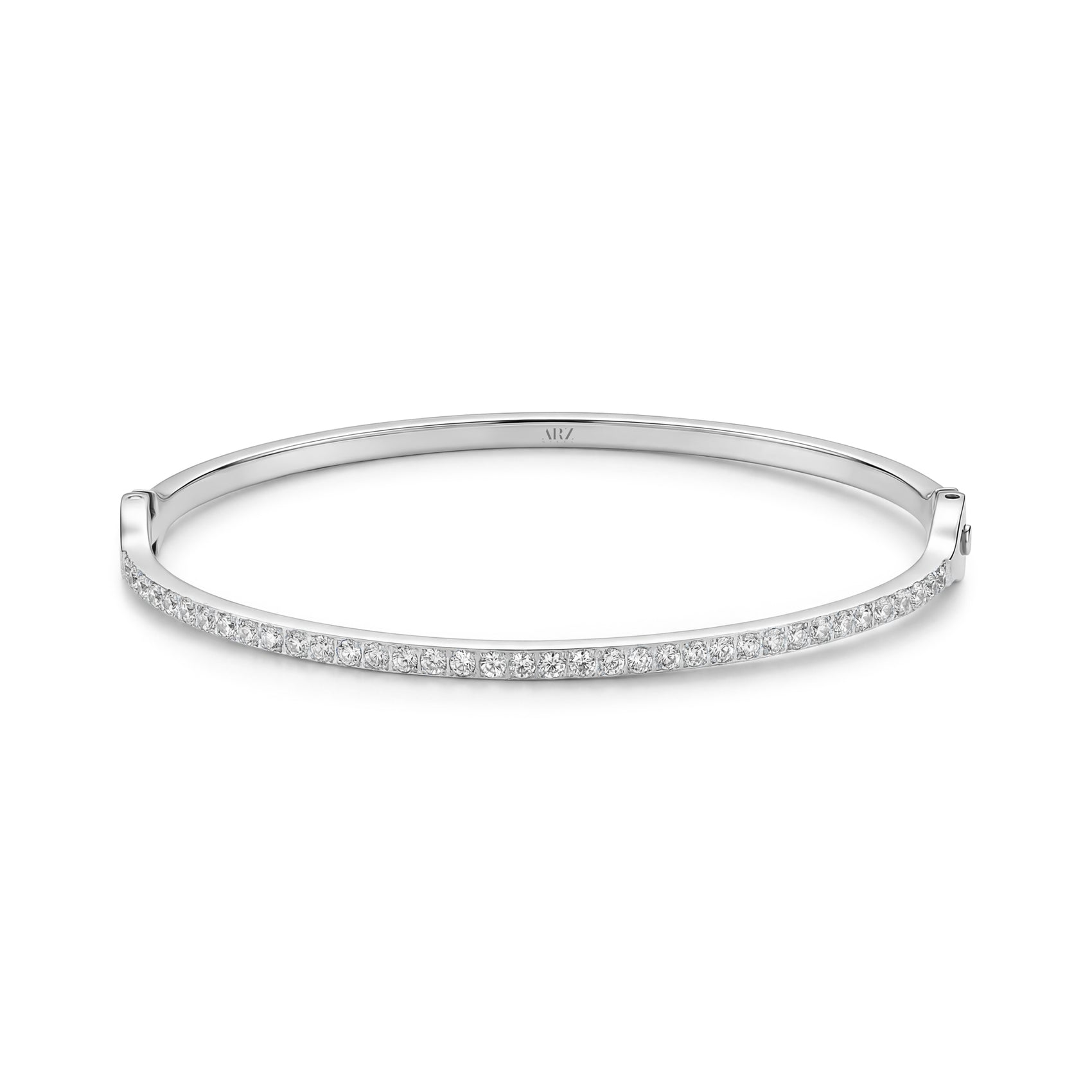 Silver stainless steel bangle bracelet with pavé-set cubic zirconia stones on front profile