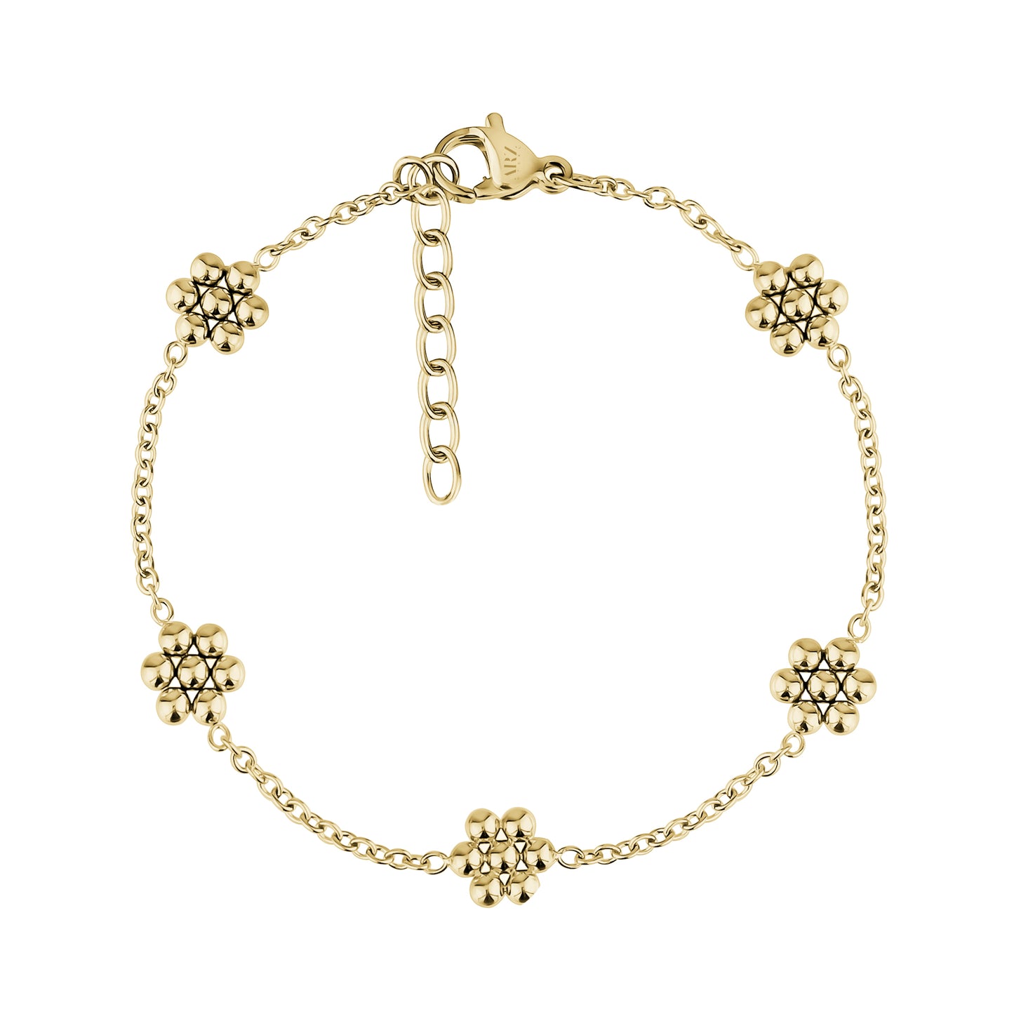 Gold stainless steel Classic Bloom Bead Bracelet with five beaded sunflower flower charms and an adjustable chain