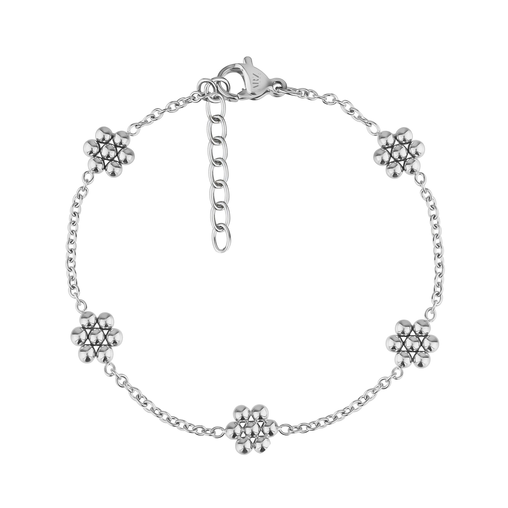 Silver stainless steel Classic Bloom Bead Bracelet with five beaded sunflower flower charms and an adjustable chain