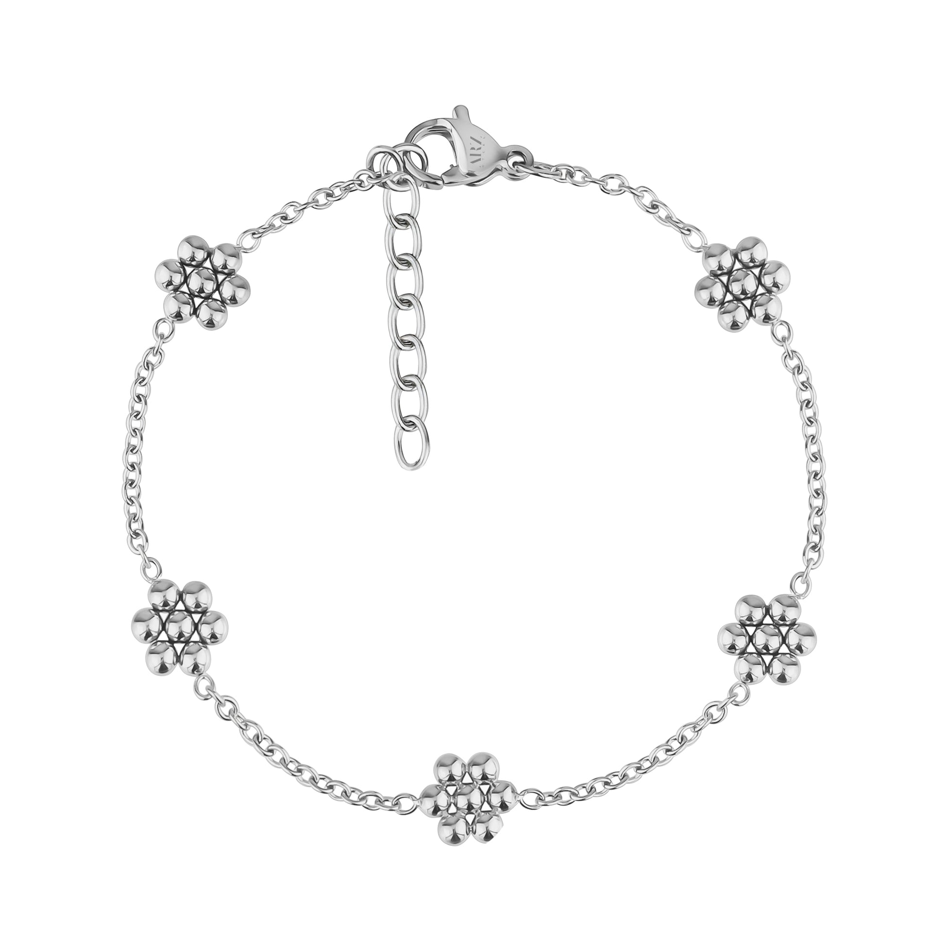 Silver stainless steel Classic Bloom Bead Bracelet with five beaded sunflower flower charms and an adjustable chain
