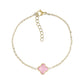 Gold tone stainless steel women's bracelet with pink glass rose clover charm