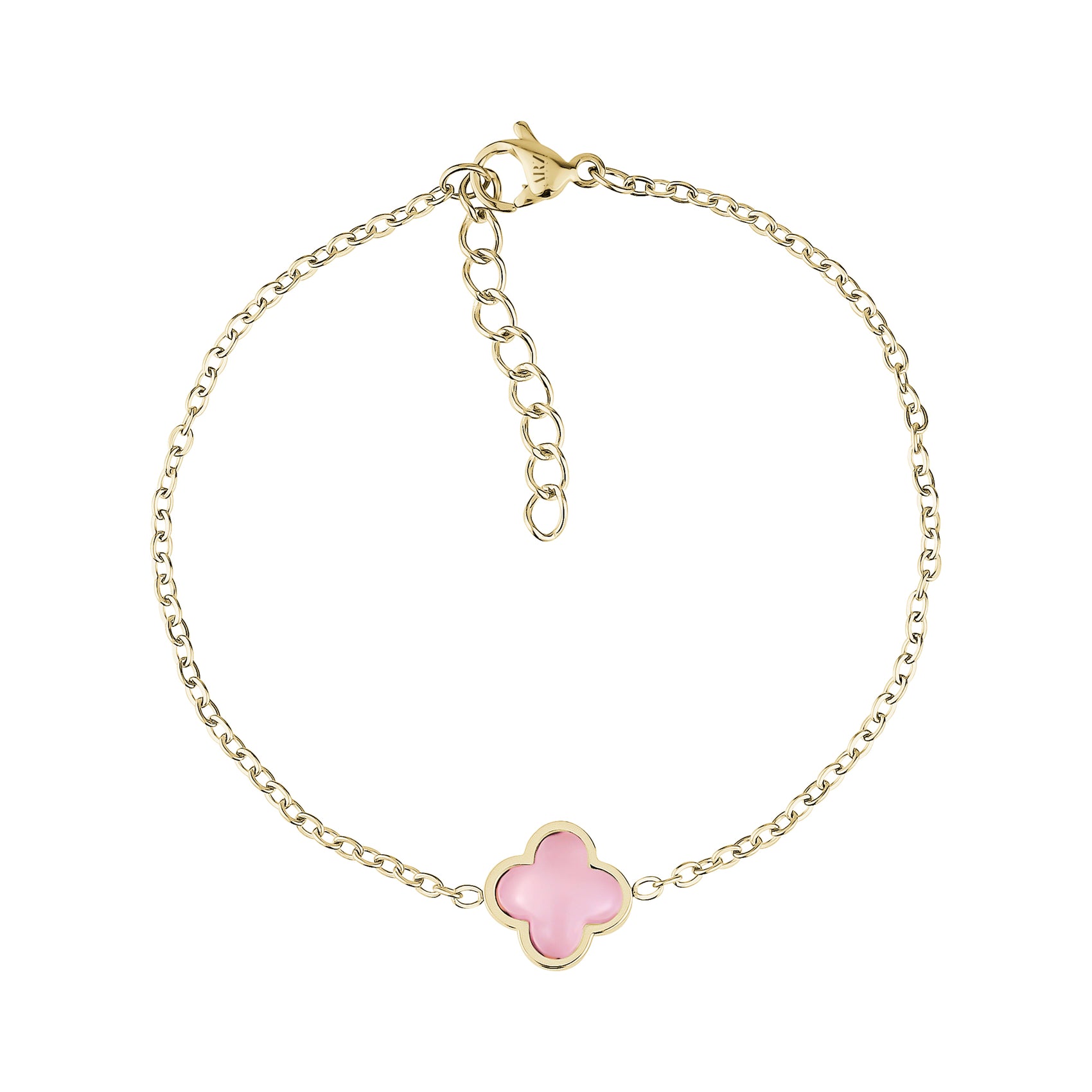 Gold tone stainless steel women's bracelet with pink glass rose clover charm