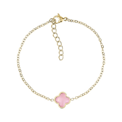 Gold tone stainless steel women's bracelet with pink glass rose clover charm