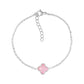 Silver tone stainless steel women's bracelet with pink glass rose clover charm