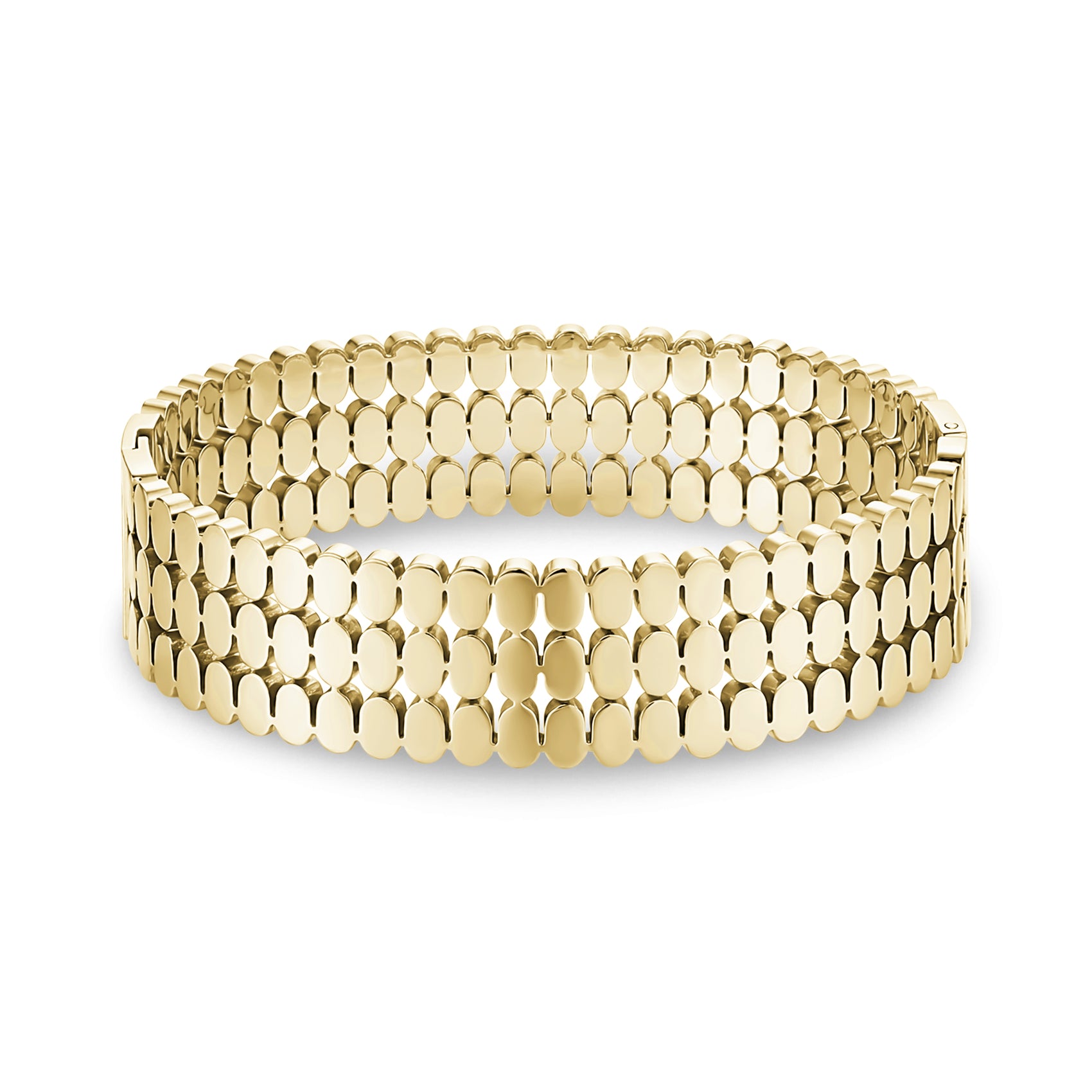 Gold polished tile link bangle bracelet featuring the same interlocking oval links design, 16mm wide