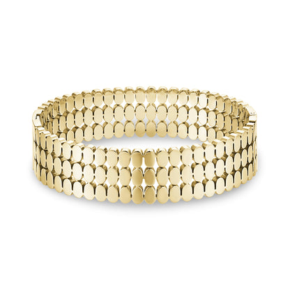 Gold polished tile link bangle bracelet featuring the same interlocking oval links design, 16mm wide