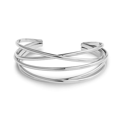 Silver intertwined wire open cuff bangle bracelet for women with polished stainless steel finish