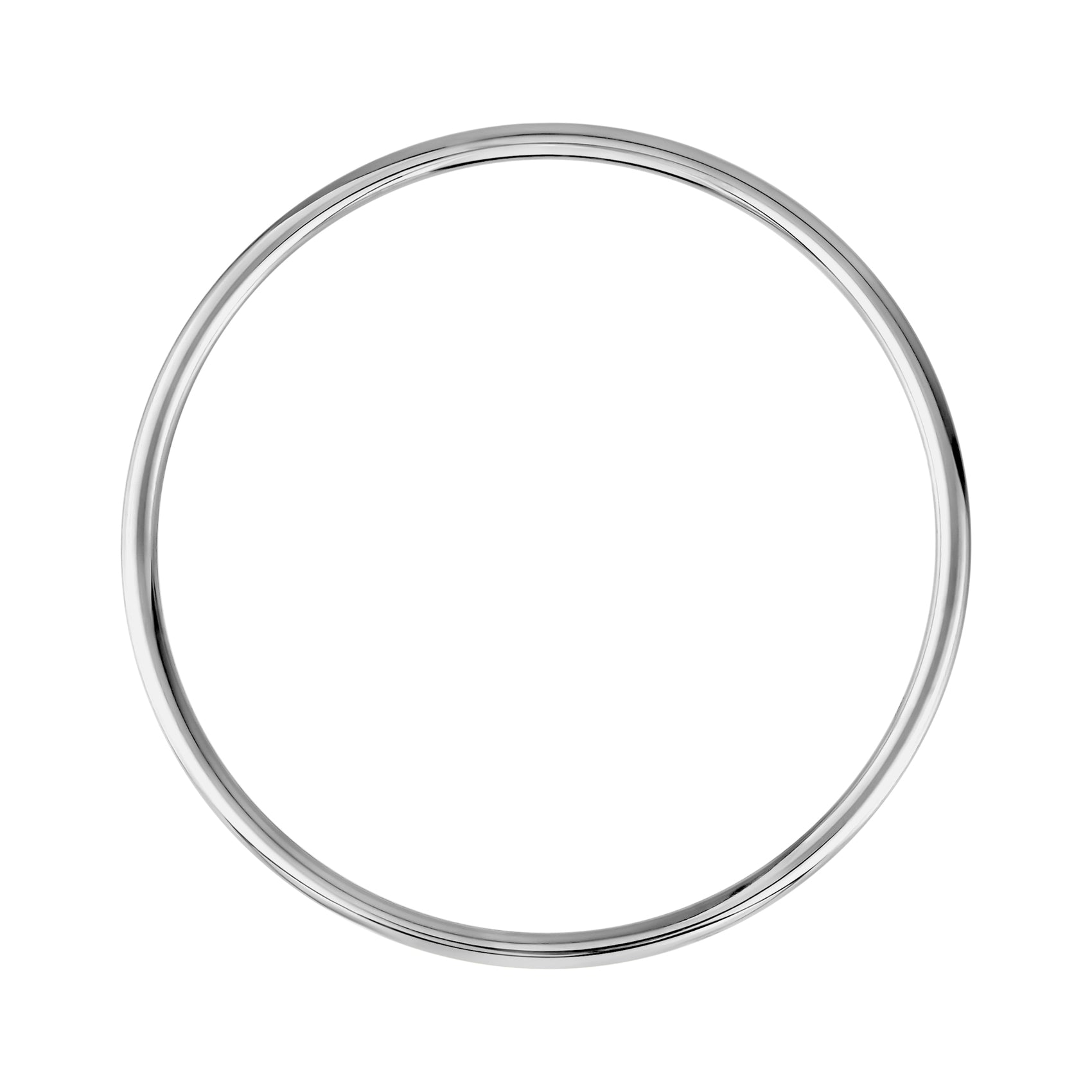 Top view of silver polished solid cuff bangle showing inner diameter and round shape