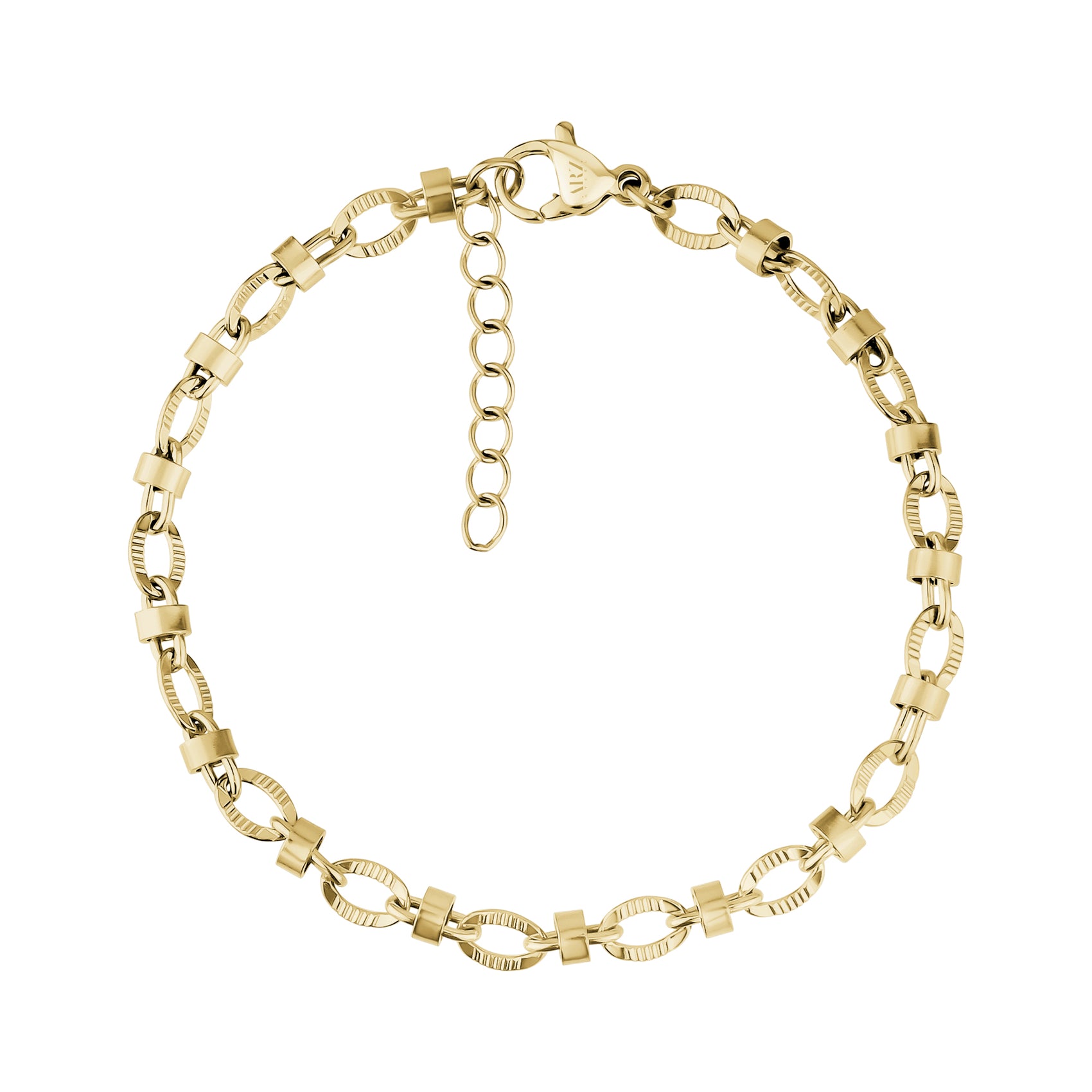 Gold contemporary oval link bracelet with polished and textured stainless steel detailing and lobster clasp
