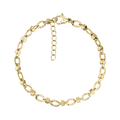 Gold contemporary oval link bracelet with polished and textured stainless steel detailing and lobster clasp