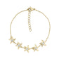 Gold women's starfish bracelet with five starfish charms each set with a cubic zirconia stone, stainless steel chain with adjustable clasp