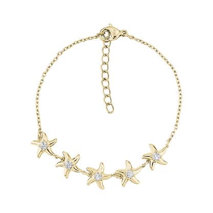Gold women's starfish bracelet with five starfish charms each set with a cubic zirconia stone, stainless steel chain with adjustable clasp