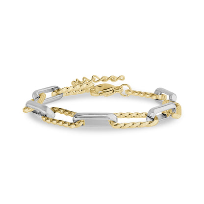 Contemporary two tone link bracelet with silver and gold stainless steel links.