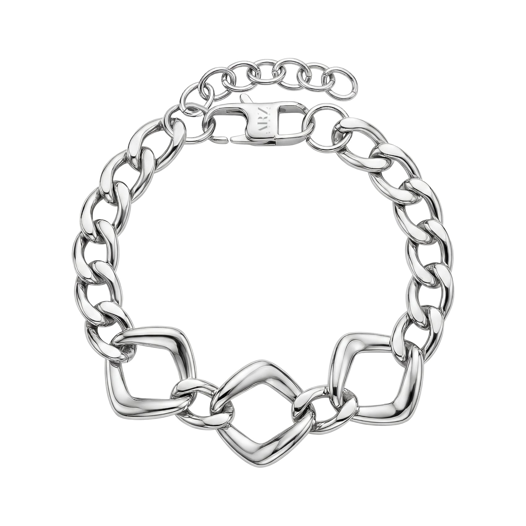 Polished silver stainless steel bold geometric link bracelet with three square links and rounded chain links