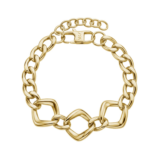 Polished gold stainless steel bold geometric link bracelet with three square links and rounded chain links