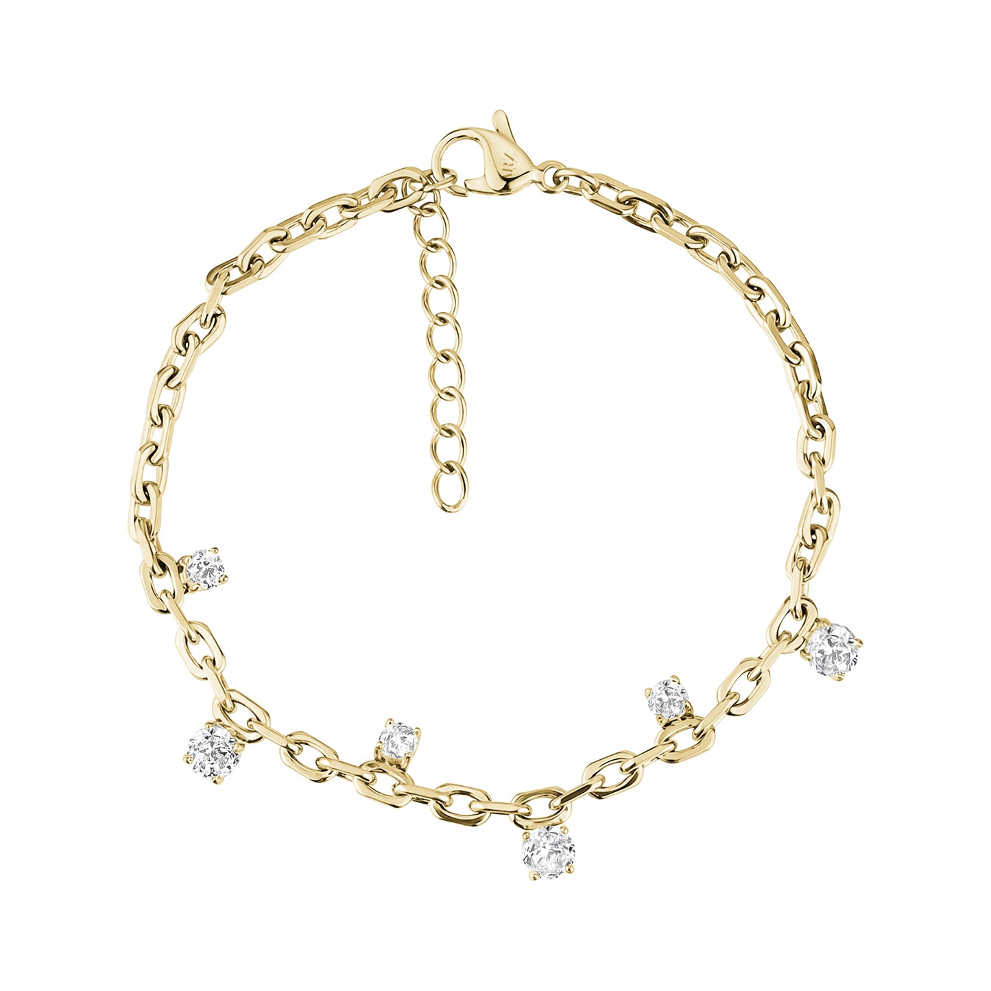 Gold floating stone chain bracelet with 3mm cubic zirconia stones and adjustable clasp on white background