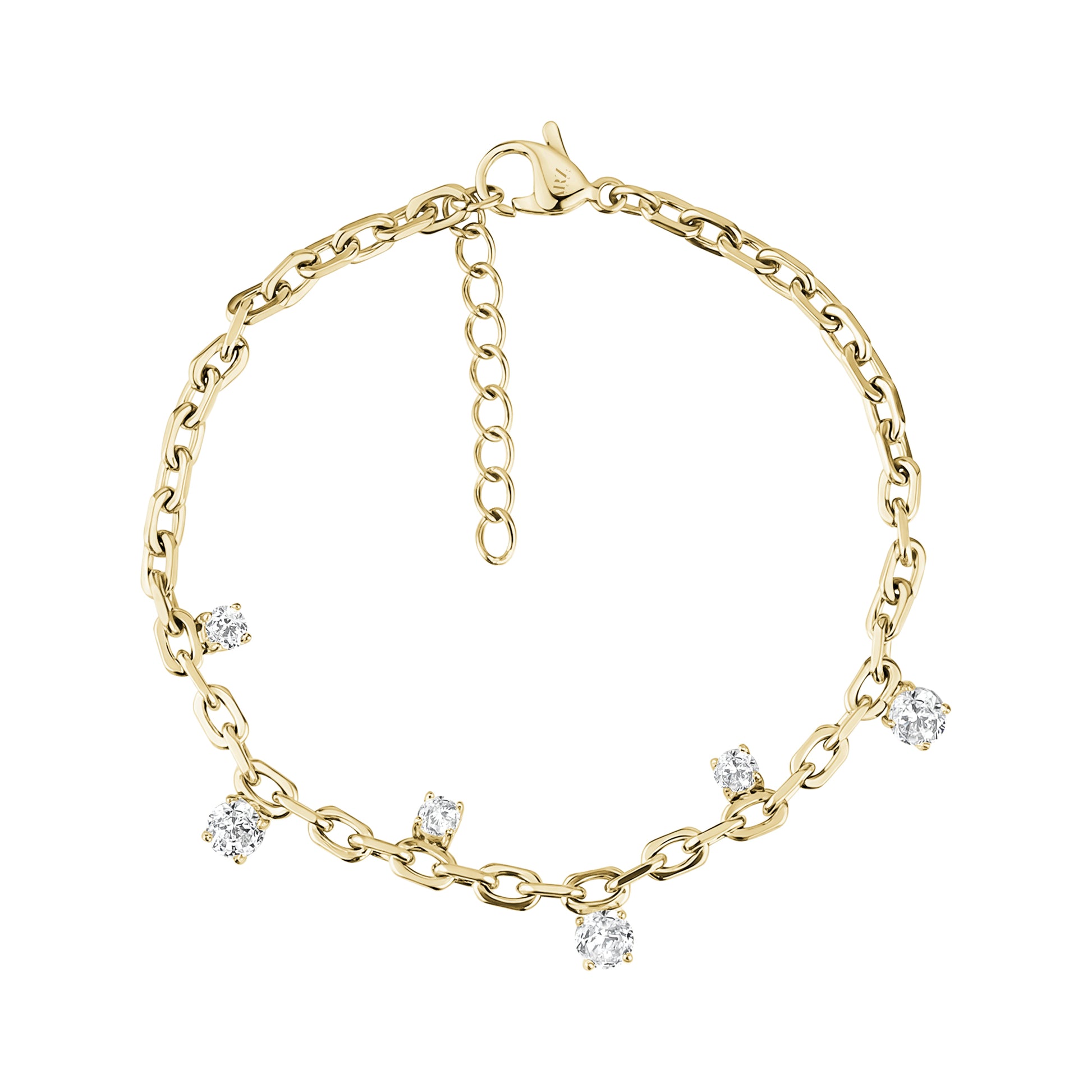 Gold floating stone chain bracelet with 3mm cubic zirconia stones and adjustable clasp on white background