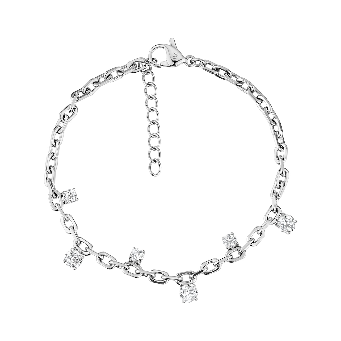 Silver floating stone chain bracelet with 3mm cubic zirconia stones and adjustable clasp on white background