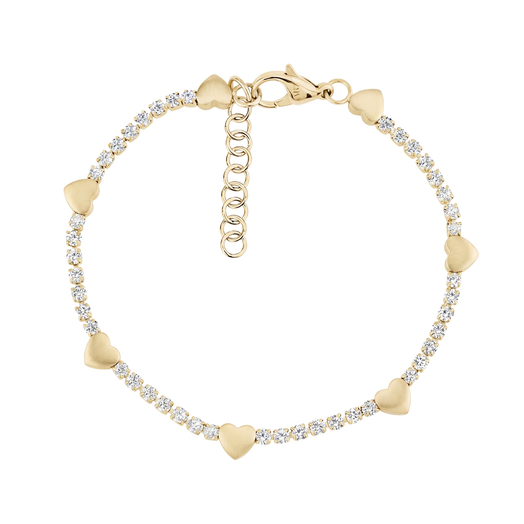 Gold Heart Station Tennis Bracelet featuring cubic zirconia stones and matte heart charms with adjustable lobster clasp
