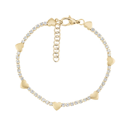 Gold Heart Station Tennis Bracelet featuring cubic zirconia stones and matte heart charms with adjustable lobster clasp