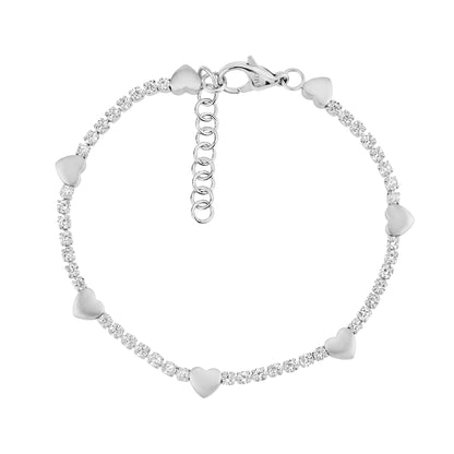 Silver Heart Station Tennis Bracelet with cubic zirconia stones and matte heart charms, adjustable lobster clasp