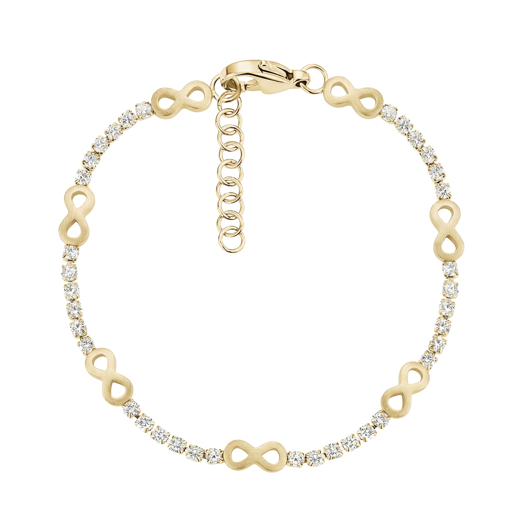 Gold tone infinity station tennis bracelet with matte infinity symbols and clear cubic zirconia stones on a white background