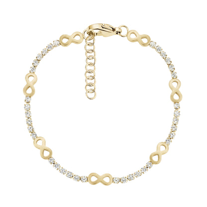 Gold tone infinity station tennis bracelet with matte infinity symbols and clear cubic zirconia stones on a white background